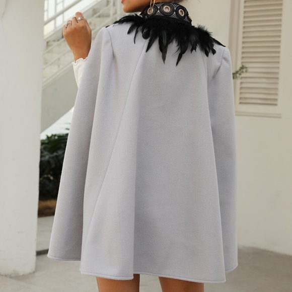 Boho Grey Feather Trim Cape Jacket Open Front - Picture 2 of 11